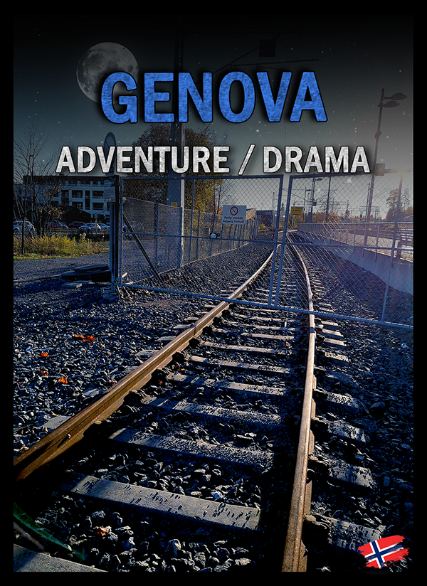 Picture of train tracks underneath a sinister sky. 'GENOVA - ADVENTURE/DRAMA' In norwegian.